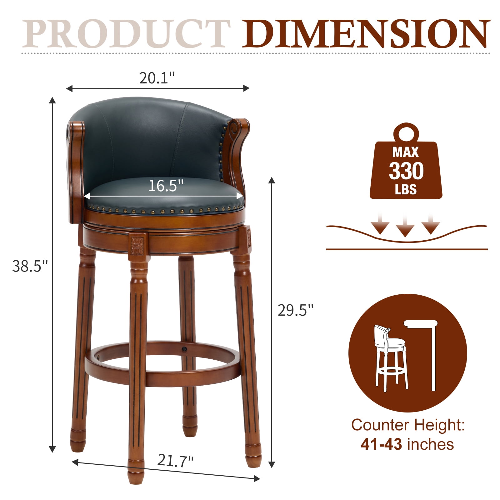 Aulife Bar Stools Counter Height Rubber Wood Swivel Barstools with Back & Footrest-Genuine Leather Upholstered Bar Chair for Bar, Kitchen, Dining Room
