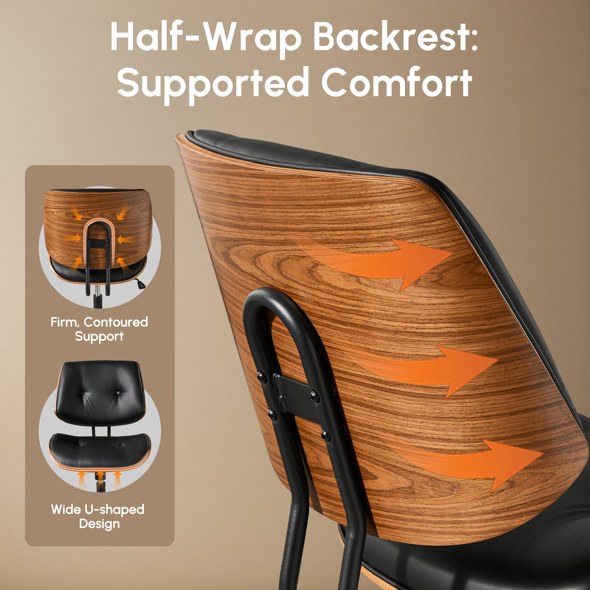 XIZZI Home Office Chair, Armless Mid-Century Ergonomic Desk Chair with 3" Thick Cushion, Premium PU Leather Mid Back 360 Swivel Computer Chair with Walnut Design, Button-Tufted Black