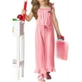 thumbnail image 4 of Summer Ruffle Sleeve Girls Plain Casual Jumpsuit Children Kids Elastic Waist Wide Leg Romper for 5-14 Years, 4 of 7
