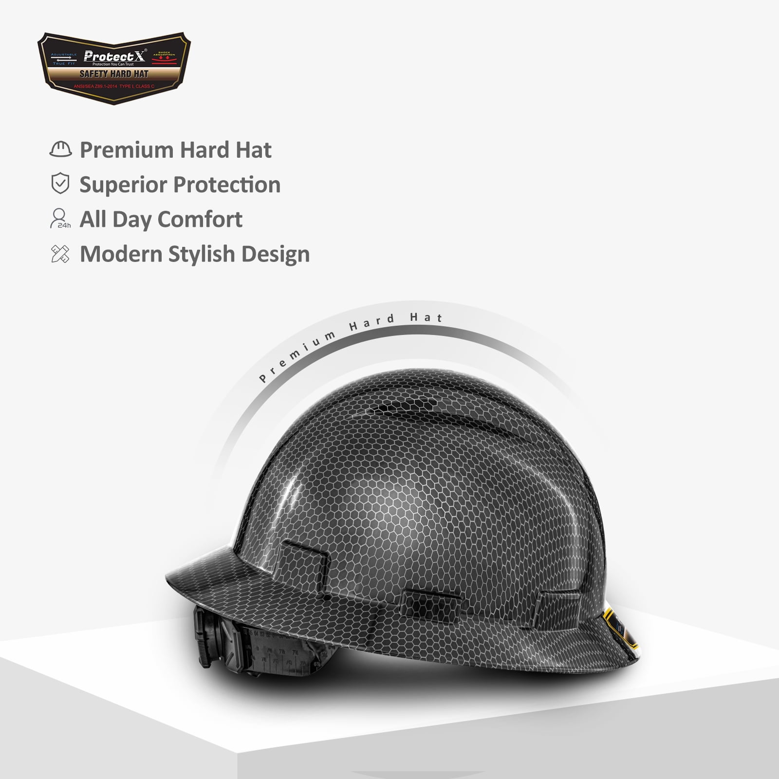 ProtectX Premium Full Brim Hard Hat, Cascos De Construccion for Safety, 6-point Adjustable Ratchet Suspension, Black Honeycomb, OSHA/ANSI Compliant