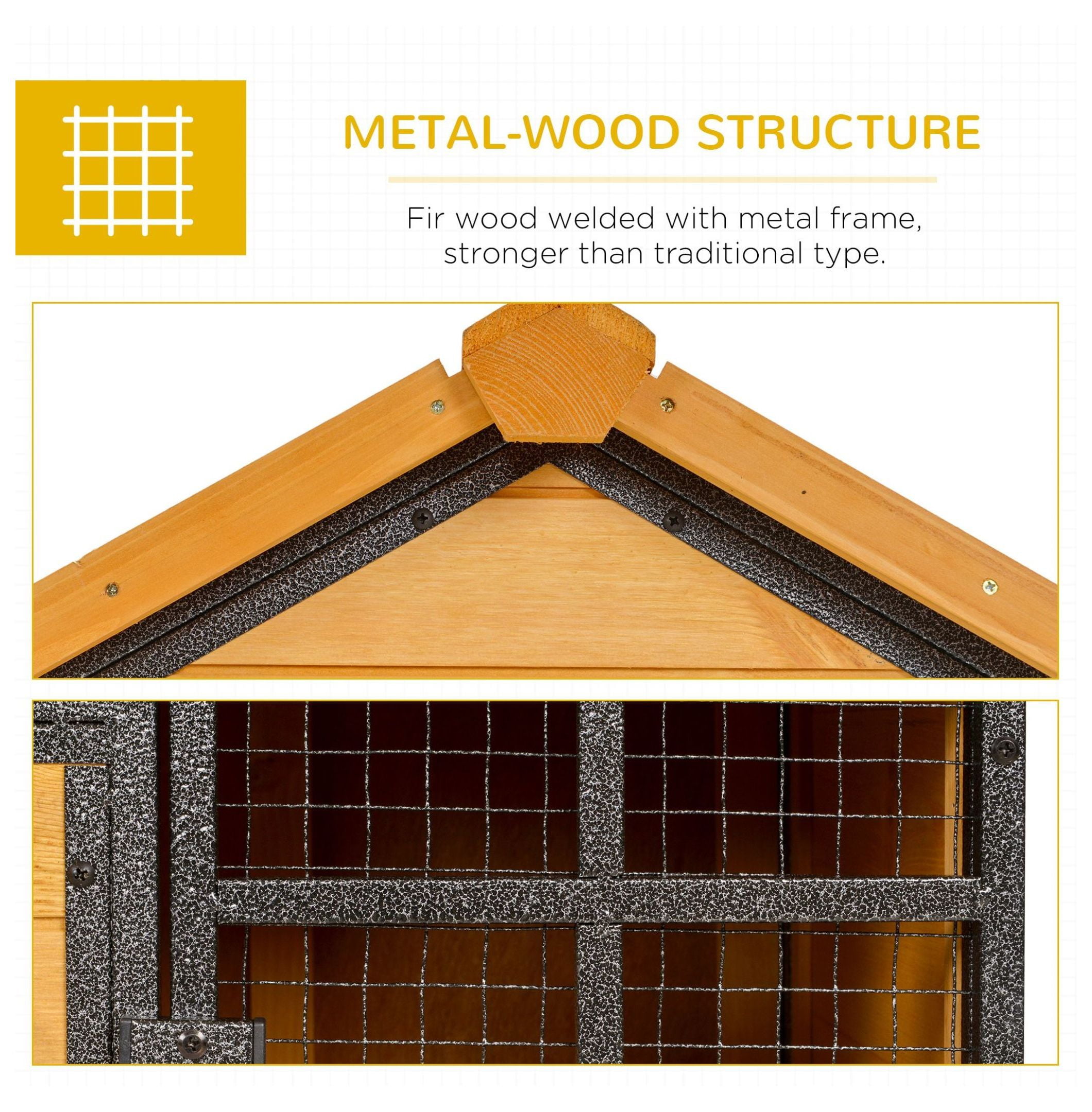 2-Level Rabbit Hutch Bunny Cage, Elevated Pet House with Weatherproof Hinged Asphalt Roof, Removable Tray & Ramp for Outdoor, Natural