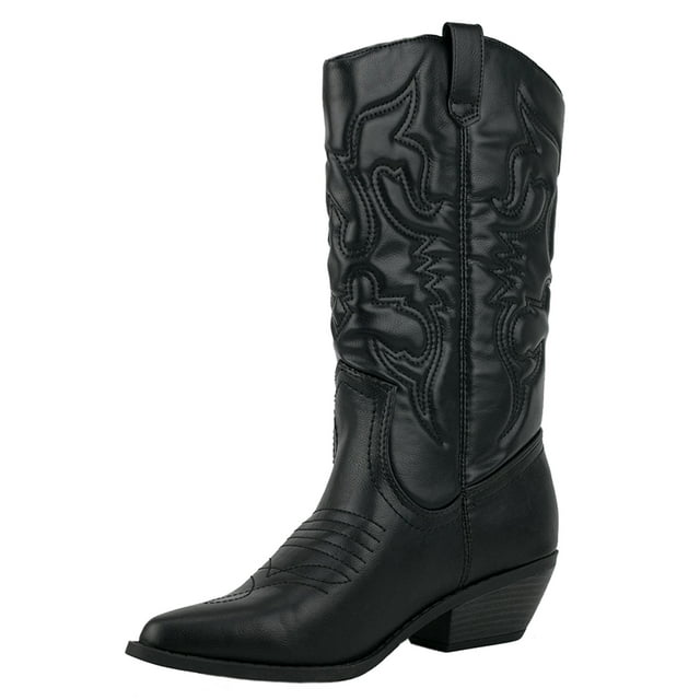 Reno Black Soda Cowboy Western Stitched Boots Women Cowgirl Boots Pointy Toe Knee High