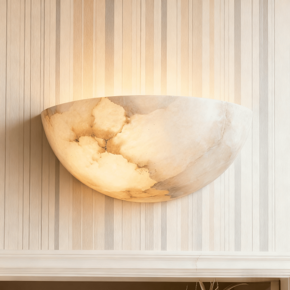 Natural Dome Antique Brass Alabaster Shade Wall-Mounted Sconce, Sturdy Alabaster Wall Light, Organic Alabaster Wall lamp, Indoor Sconce for Living Room, Dining Room, Bedroom, Entryway, Hallway