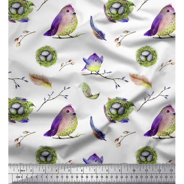 Soimoi Polyester Crepe Fabric Nest,Feather & Artistic Bird Print Fabric by Yard 42 Inch Wide