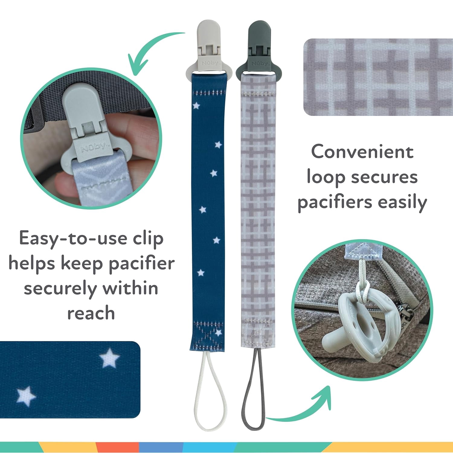 Nuby 2pk Cloth Pacifinder Clip, Gray Plaid & Blue Stars