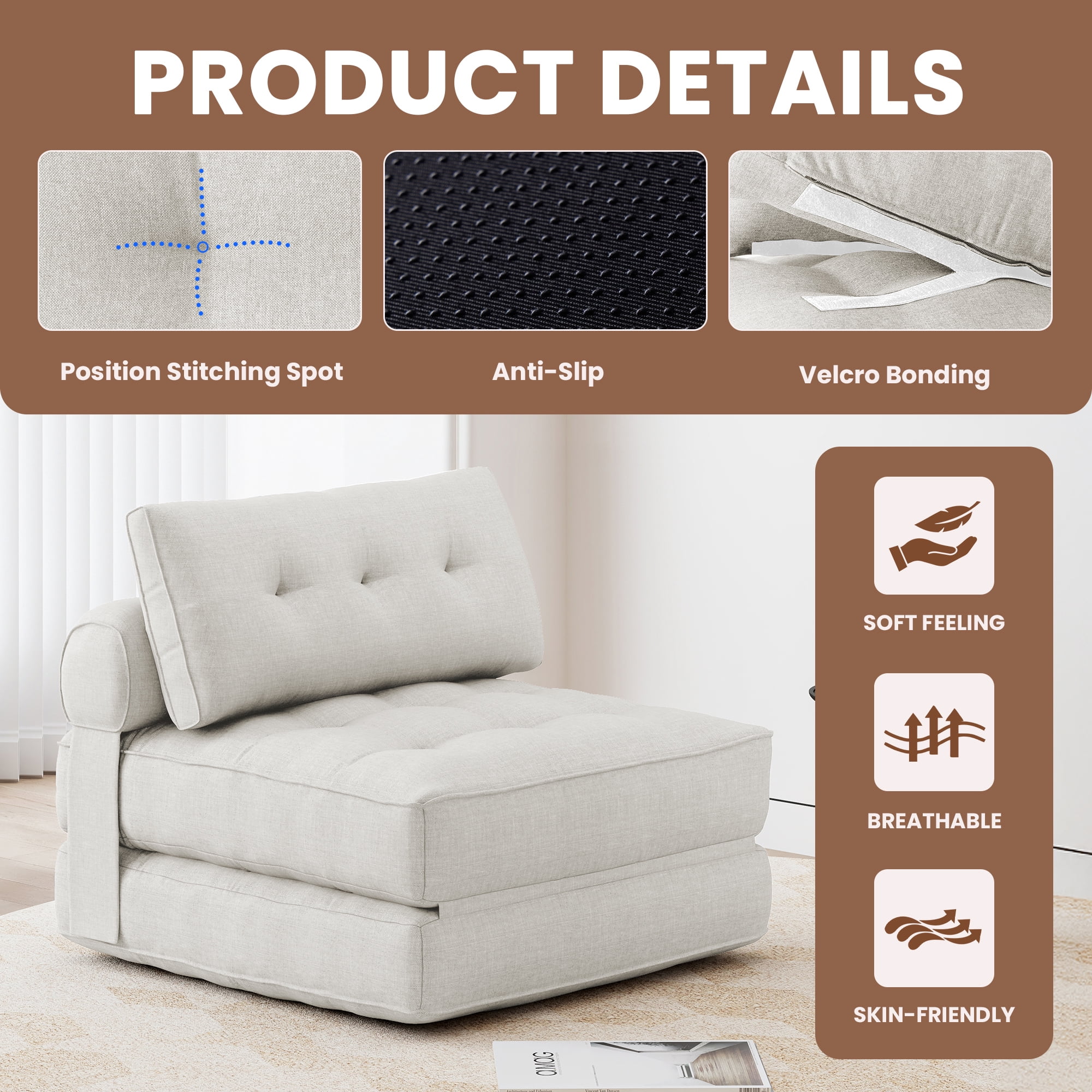 SERWALL Folding Sofa Chair, 4-in-1 Convertible Sofa Bed, Foldable Sofa Chair for Bedroom, Beige