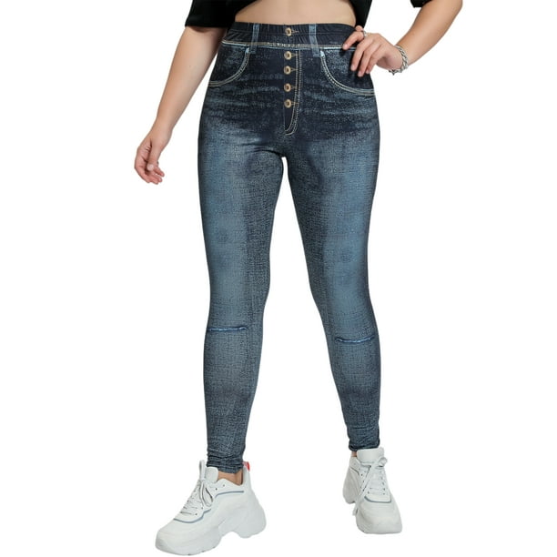 Sexy Dance Ladies Plus Size Leggings High Waist Fake Jeans Tummy