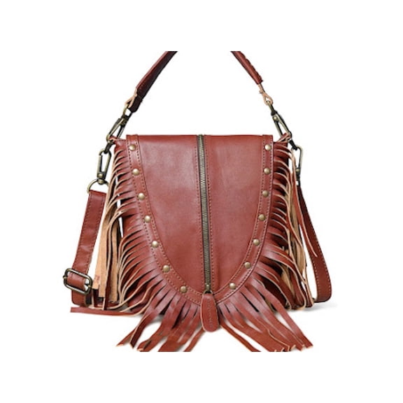 SHARO Women's Leather Fringed Evening Cross Body Bag, Brown