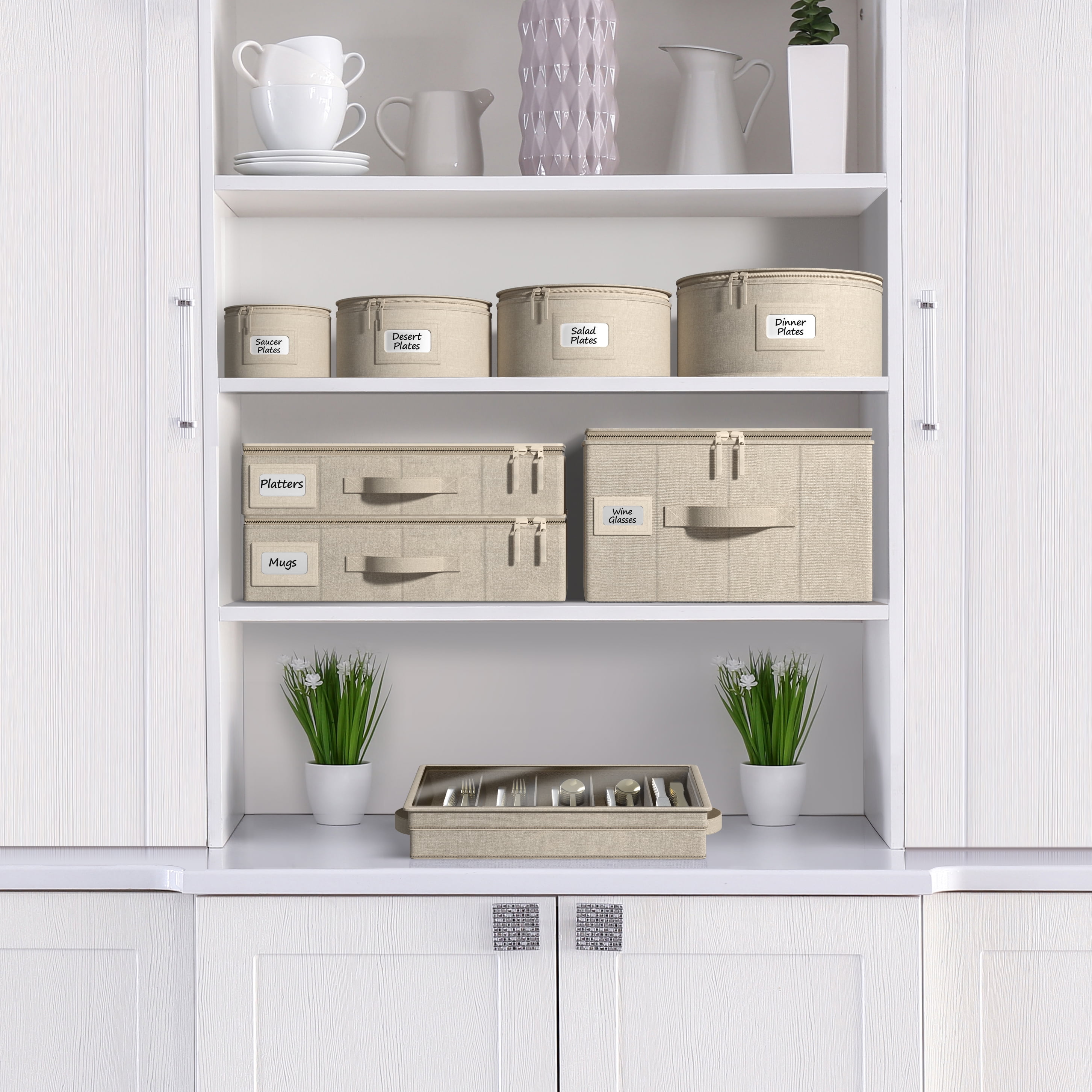 Sorbus Flatware Storage Case with Clear Lid, Great Fabric Container Box Chest for Organizing Utensils, Silverware, Flatware, Large Capacity, Beige