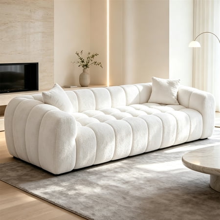 Aukfa 103" Oversized Boucle Cloud Sofa Deep Seat Boneless Couch with Square Tufted for Living Room, 2Pillows, Cream