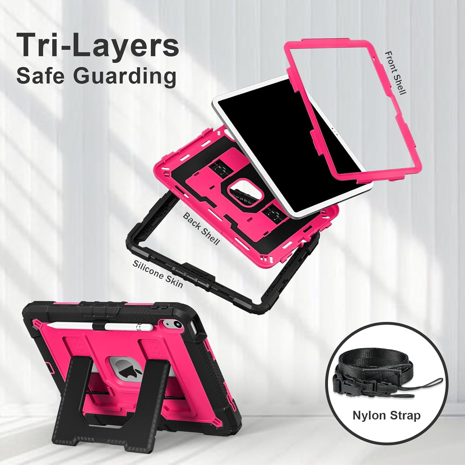 REQO Heavy Duty Protective Tablet Case for iPad 11th/10th Gen 2025/2022, 3 in 1 Robot Silicone Cover with Pencil Holder,Shoulder Strap, Large Bracket Fold Kickstand