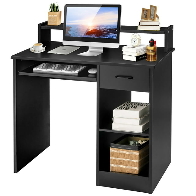 Costway Computer Desk w/Hutch & 2-Tier Open Storage Shelves for Home Office