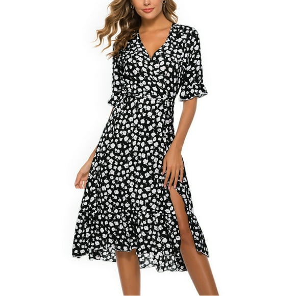 zanvin Womens Fashion Dresses Summer Casual Print Dress V-Neck Short Sleeve Loose Dress,Black