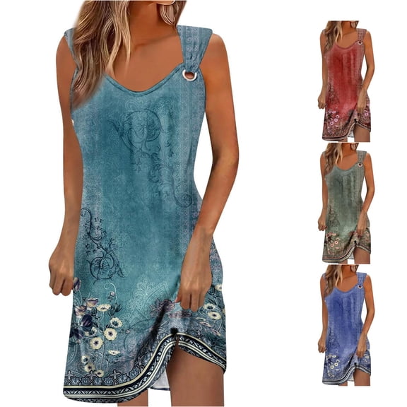 SONXAHE Women's Floral Print Sleeveless Mini Dress Ring Strap Loose Fit Beach Short Sundress
