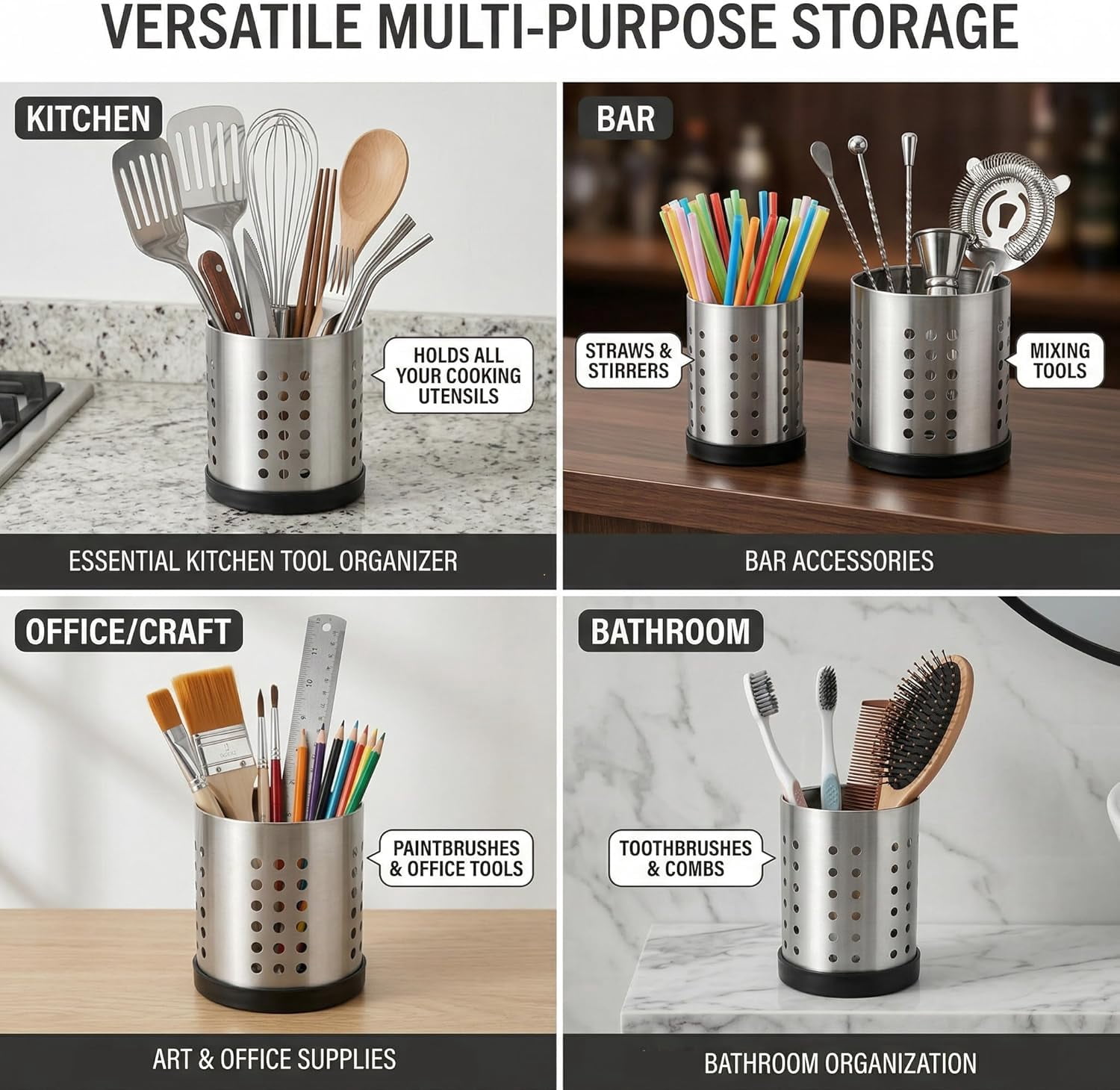 Set of 4 Kitchen Utensil Holder, Stainless Steel Cooking Utensil Organizer Flatware Silverware Holder Drying Rack Cylinder Kitchen Countertop Caddy for Chopstick, Spoon, Fork, Cultery, Straw