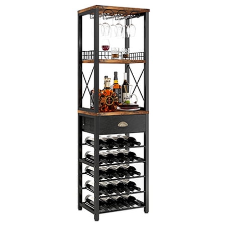 Wine Rack Freestanding Floor Bar Cabinet for Liquor and Glasses 4-Tier bar Cabinet with Tabletop Glass Holder Storage Drawer and Wine Storage for Living Room