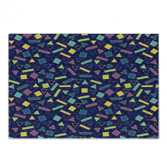 Funky Cutting Board, Retro 80`s Memphis Fashion Style Vibrant Triangles Squares Rectangles Hipster Pop, Decorative Tempered Glass Cutting and Serving Board, Small Size, Multicolor, by Ambesonne
