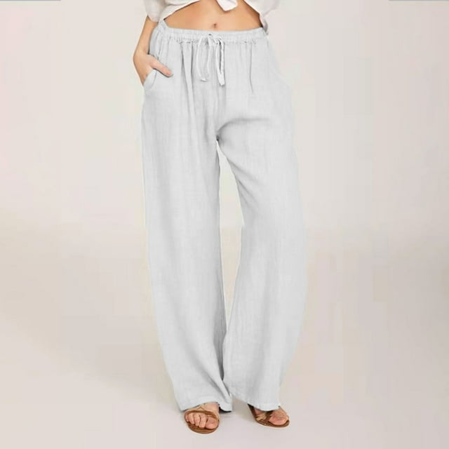 Simua Fashion Womens Pants Drawstring Elastic Waist Casual Wide Leg Trousers with Pockets
