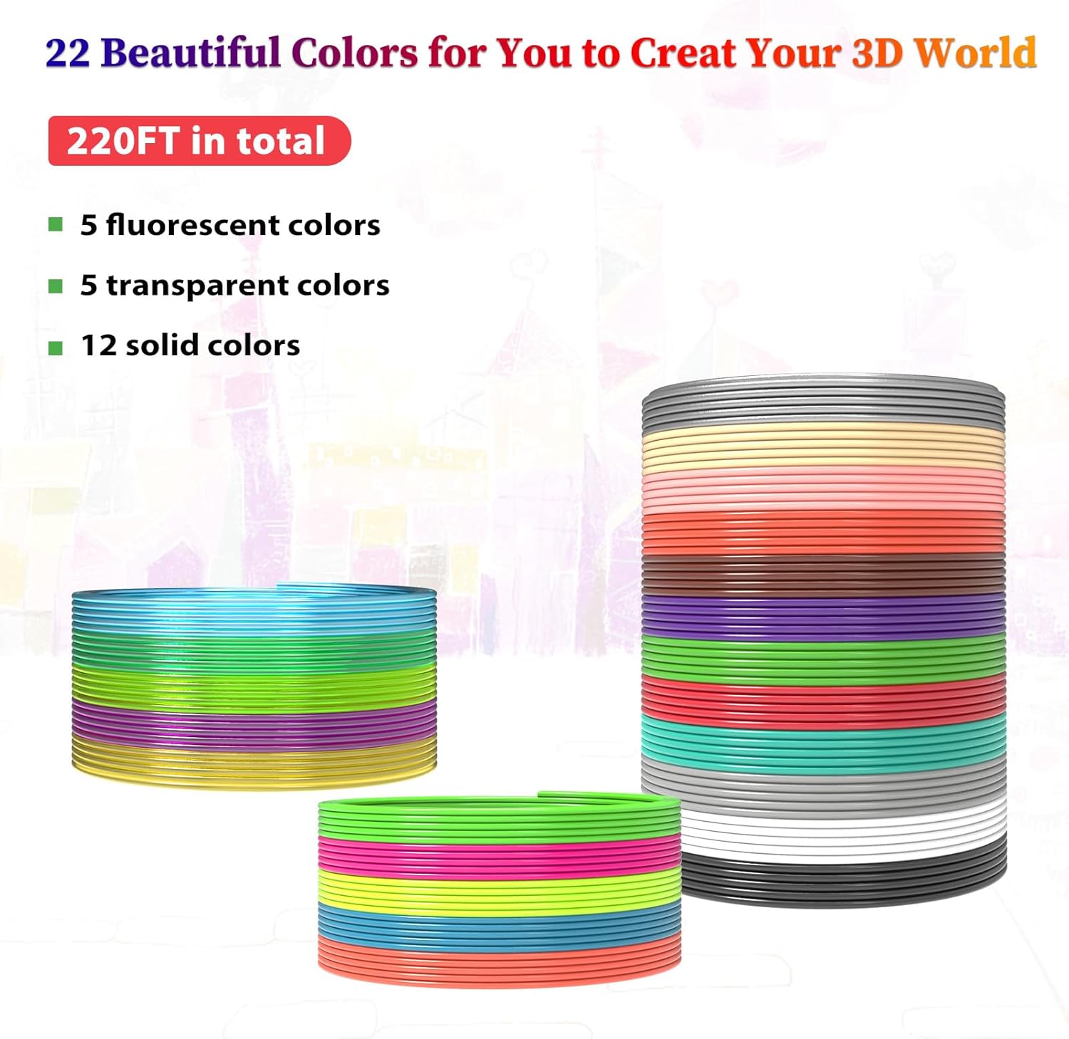 22 Colors 3D Pen Filament 1.75mm PLA, Each Color 10 Feet, Total 220 Feet 3D Pen Filament Refills 3D Printing Pen Refills with High-Precision Diameter Not Compatible with Pen