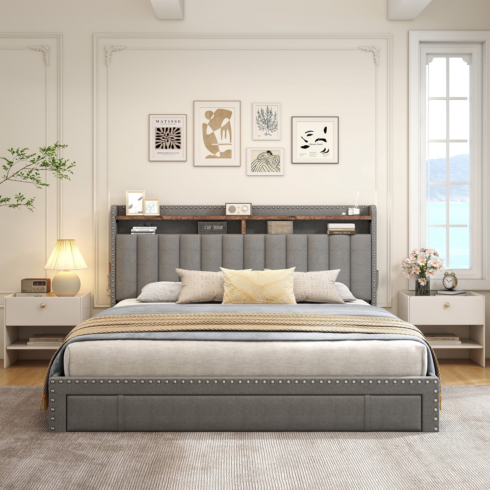 Full Size Bed Frame with 3 Storage Drawers Upholstered Bed Frame with 2-Tier Shelf Bed Frame with Headboard & Side Pockets,Gray