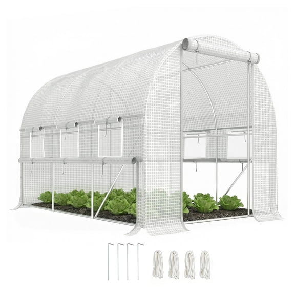 Walk-in Greenhouse 9.7'x6.5'x6.5', Outdoor Garden Greenhouse with PE Cover, Zipper Doors & Windows, White