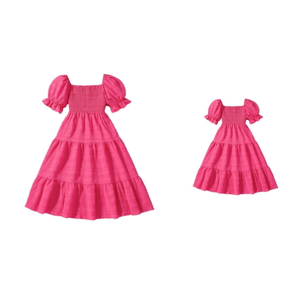 Girls Summer Dress Tween Boho Casual Smocked Swing Flowy Ruffle Midi Dress with Pockets, Puffed Sleeves Square Neck Beach Outfit for Ages 6-12