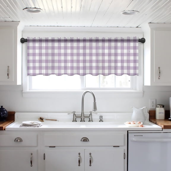 Purple Checkered Valance Curtains for Kitchen/Living Room/Bathroom/Bedroom Window, Farmhouse White Buffalo Plaid Rod Pocket Small Topper Half Short Window Curtains Voile Sheer Scarf 42"x18"