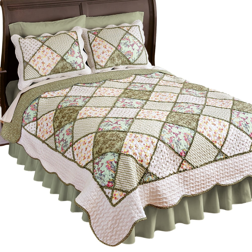 Jillian Diamond Floral Ruffled Patchwork Reversible Lightweight Quilt, King, Sage