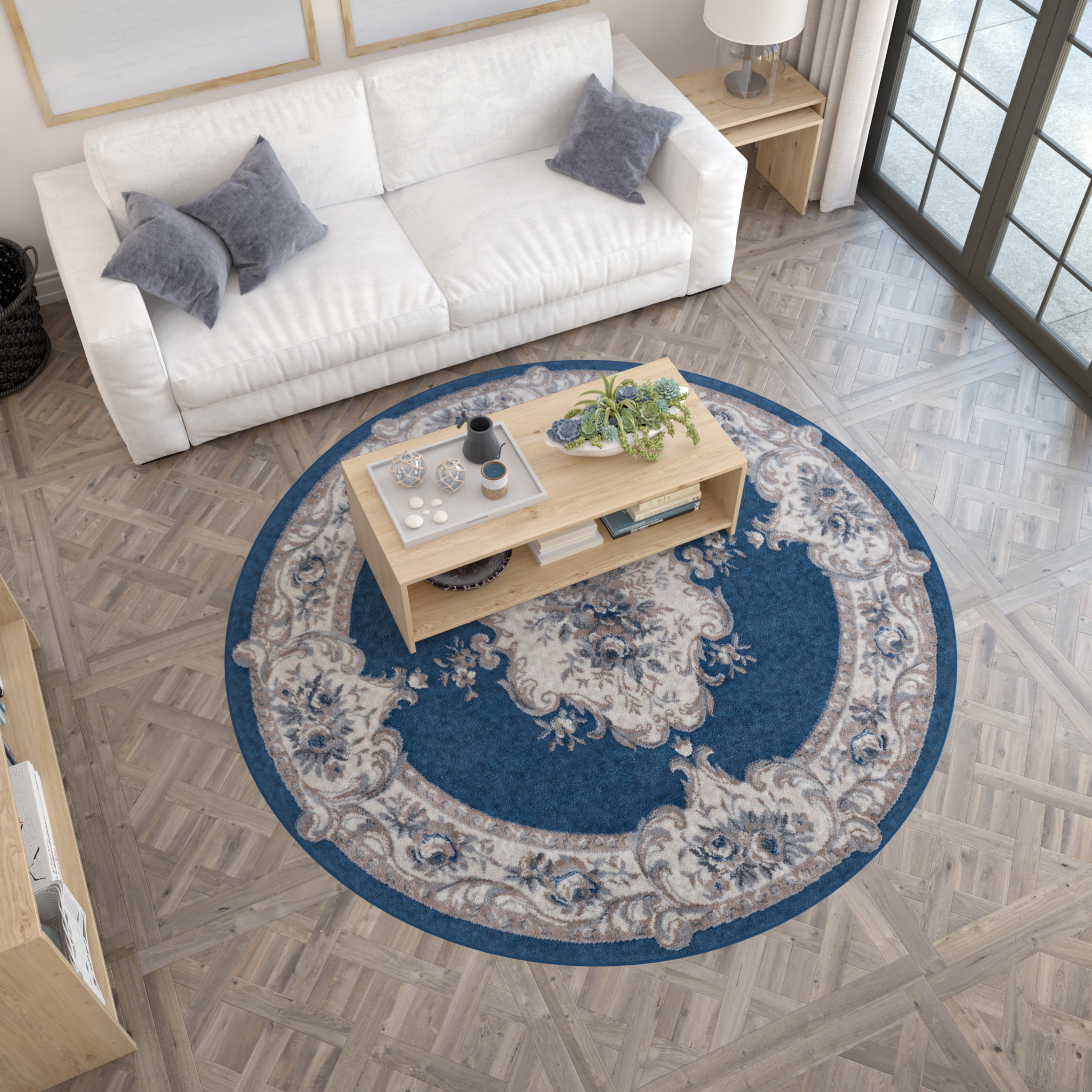 Hampton Traditional 5' Round Navy and Gray Polypropylene Indoor Area Rug