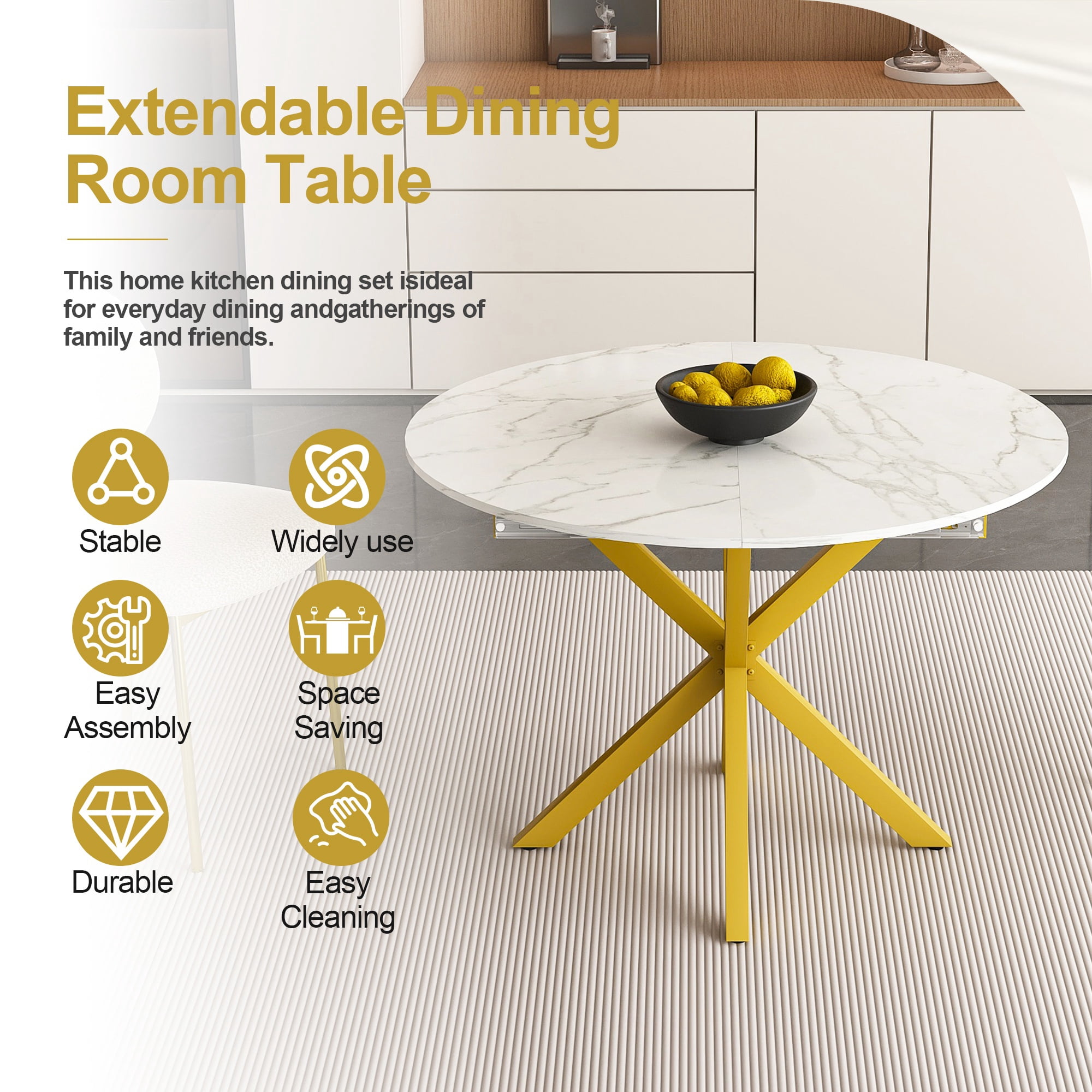 PORKISS 59" Extendable Round Dining Table for 6, Modern Kitchen Table with Carbon Steel Base, Dining Room Table with Thickened Marble-veined Tabletop, Perfect for Small Space, White+Gold