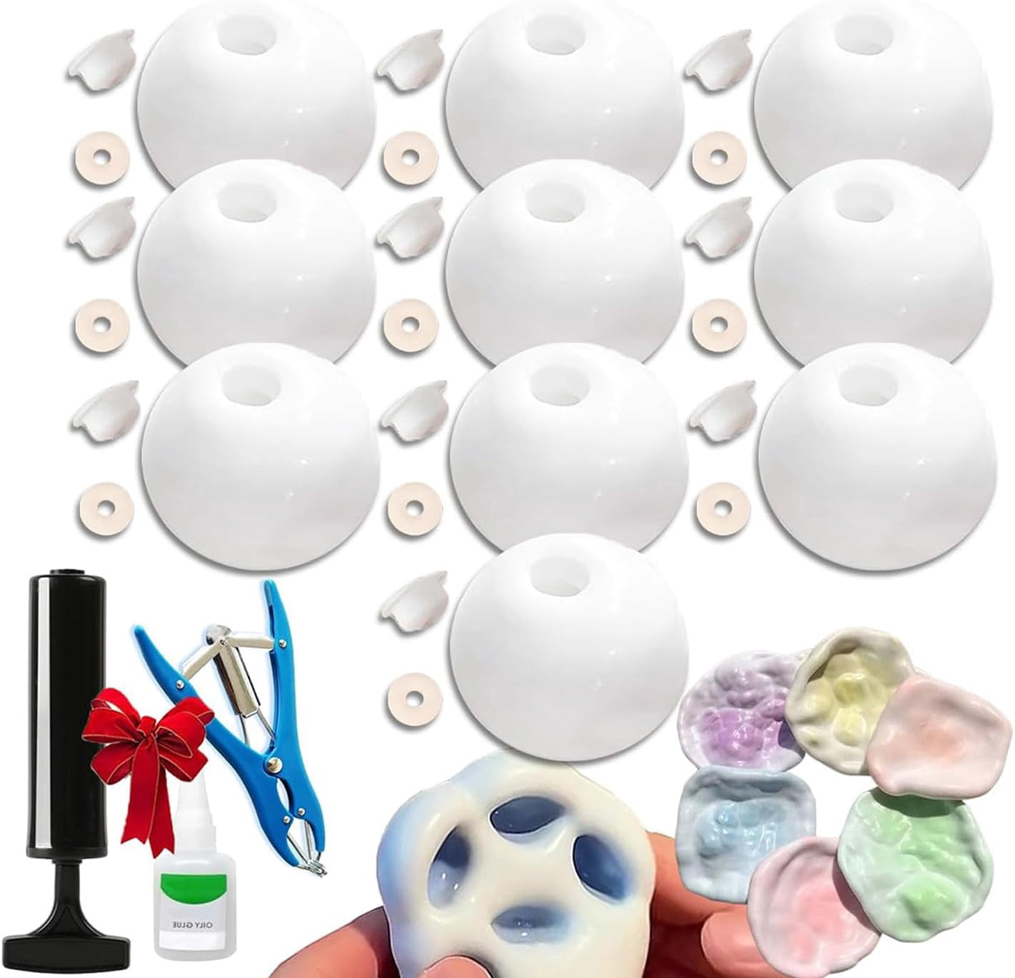 Milky Blank Skins Empty Stress Ball DIY Kit, 2025 New Blank Pressure Ball Skin DIY Kit, Vacuum Squishy Stress Ball DIY Kits with Empty Skin Base, Lid, Glue, Expander Tool for DIY Stress Balls