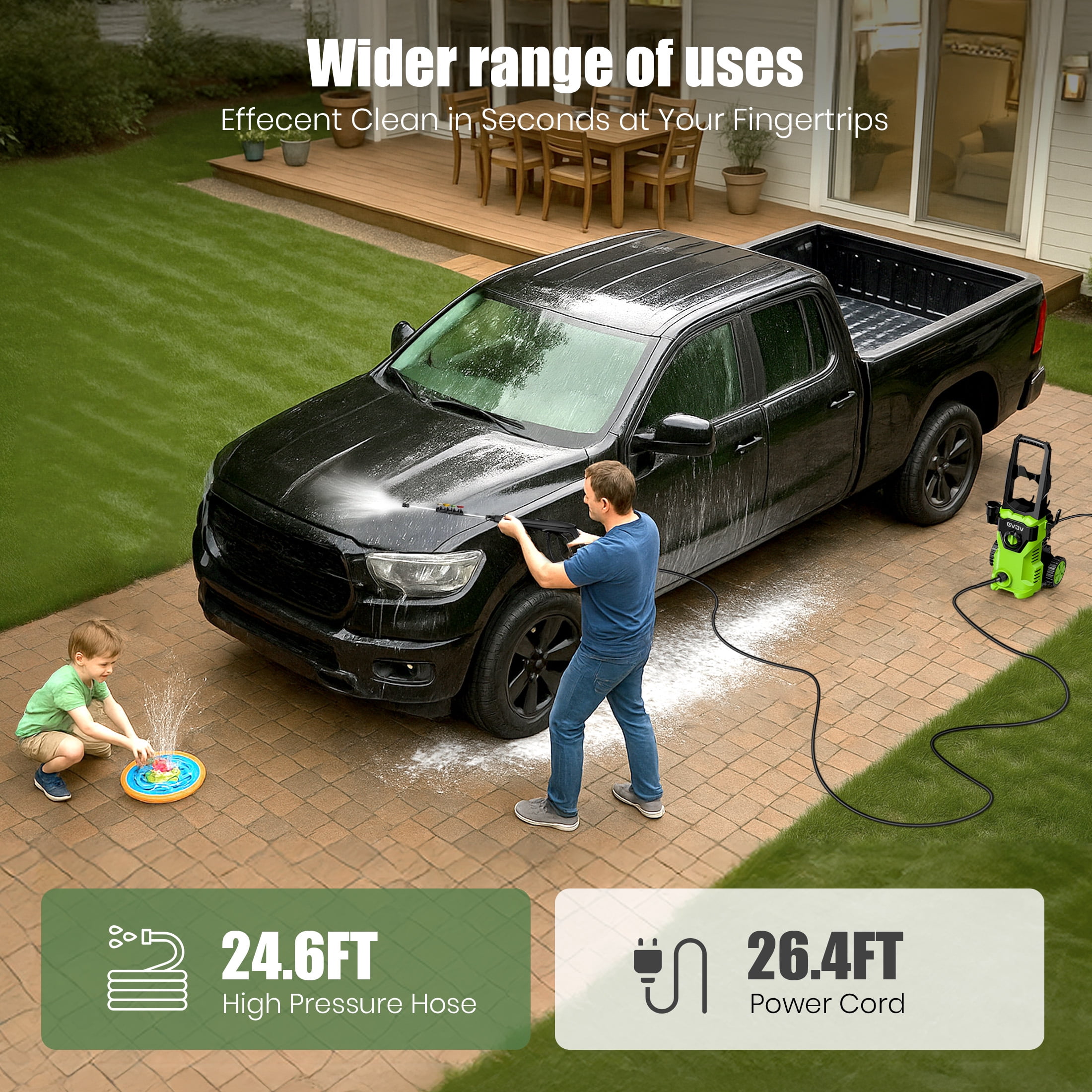 GVDV Electric Pressure Washer, 3400 PSI 2.1 GPM with Foam Cannon & 5 Nozzles, 26.4ft Cord & 24.6ft Hose Power Washer for Patios, Cars, Decks