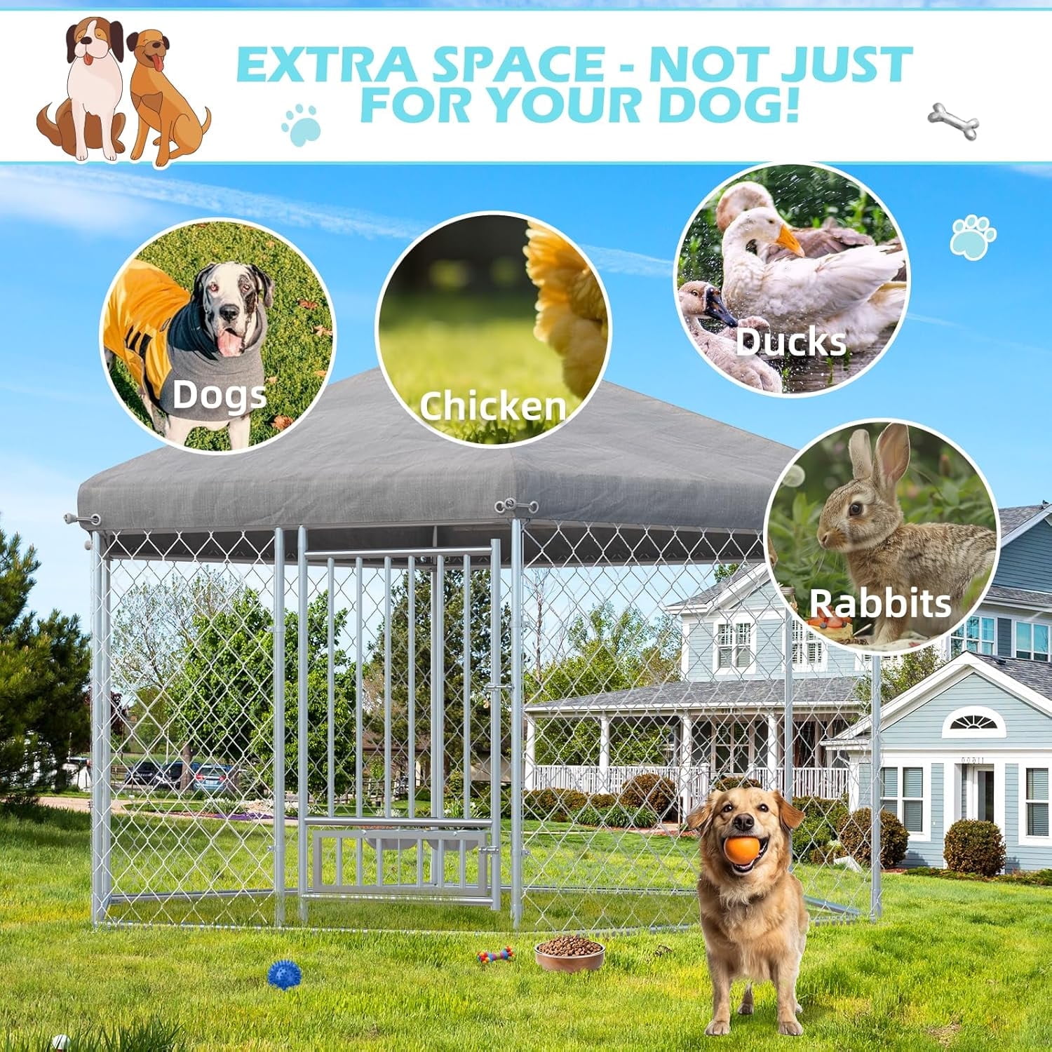 MELLCOM 9'x8'x6' Dog Cage, Dog Kennel Outside, Large Dog Pen, Dog Fence Outdoor for Yard, Sliver