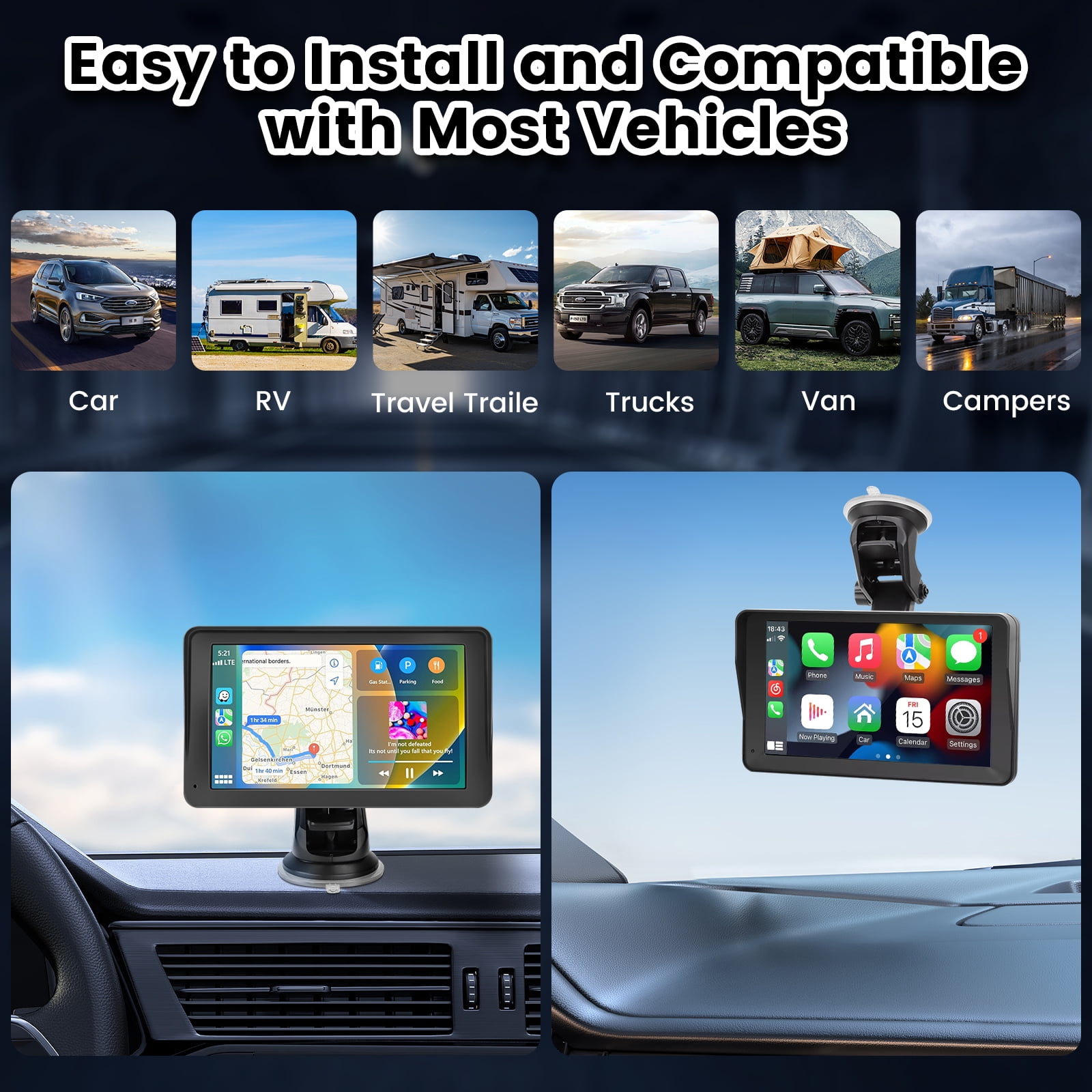 Portable Car Stereo Wireless Carplay Android Auto,7 Inch Touch Screen Car Radio with Bluetooth Hands-Free/Mirror Link/Maps Navigation/Voice Control/TF Card/AUX,for Cars, Trucks, SUVs