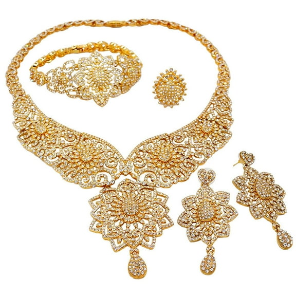 4 Pcs 24K Engagement Wedding Jewelry Sets for Women Sparkling Crystal Necklace Bracelet Earrings Ring Sets Bridal Jewelry Sets for Women Party Prom