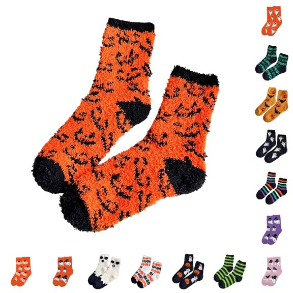 DHFJKG Novelty Fun Fuzzy Socks For Women Halloween Spooky Cute Printed Fluffy Crew Socks For Gifts