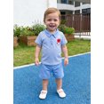 thumbnail image 3 of Cenuakty Boys Back to School Outfits Short Sleeve Lapel Apple Letter Embroidery Striped Shirt Solid Color Shorts Set, 3 of 9