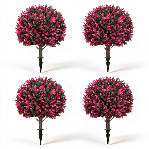 4 Pack Pink Artificial Eucalyptus Topiary Ball Trees with Ground Spike, UV Resistant Faux Plants for Porch Garden Patio Indoor Outdoor Decor