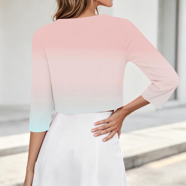 ladies shrugs for dresses Stamzod Womens Summer Dress Fashion Gardient Print 3/4 Sleeve Bolero Shrug Open Front Cropped Cardigan Pink D S global-customer_personality-Sabina