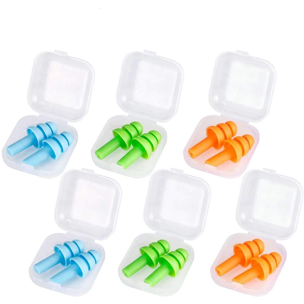 6 Pairs Reusable Silicone Ear Plugs, Waterproof Noise Reduction Earplugs, 3 Colors with Storage Bag