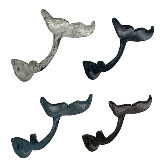 Zeckos Cast Iron Whale Tail Wall Hooks Coastal Home Decor Hangers Set of 4
