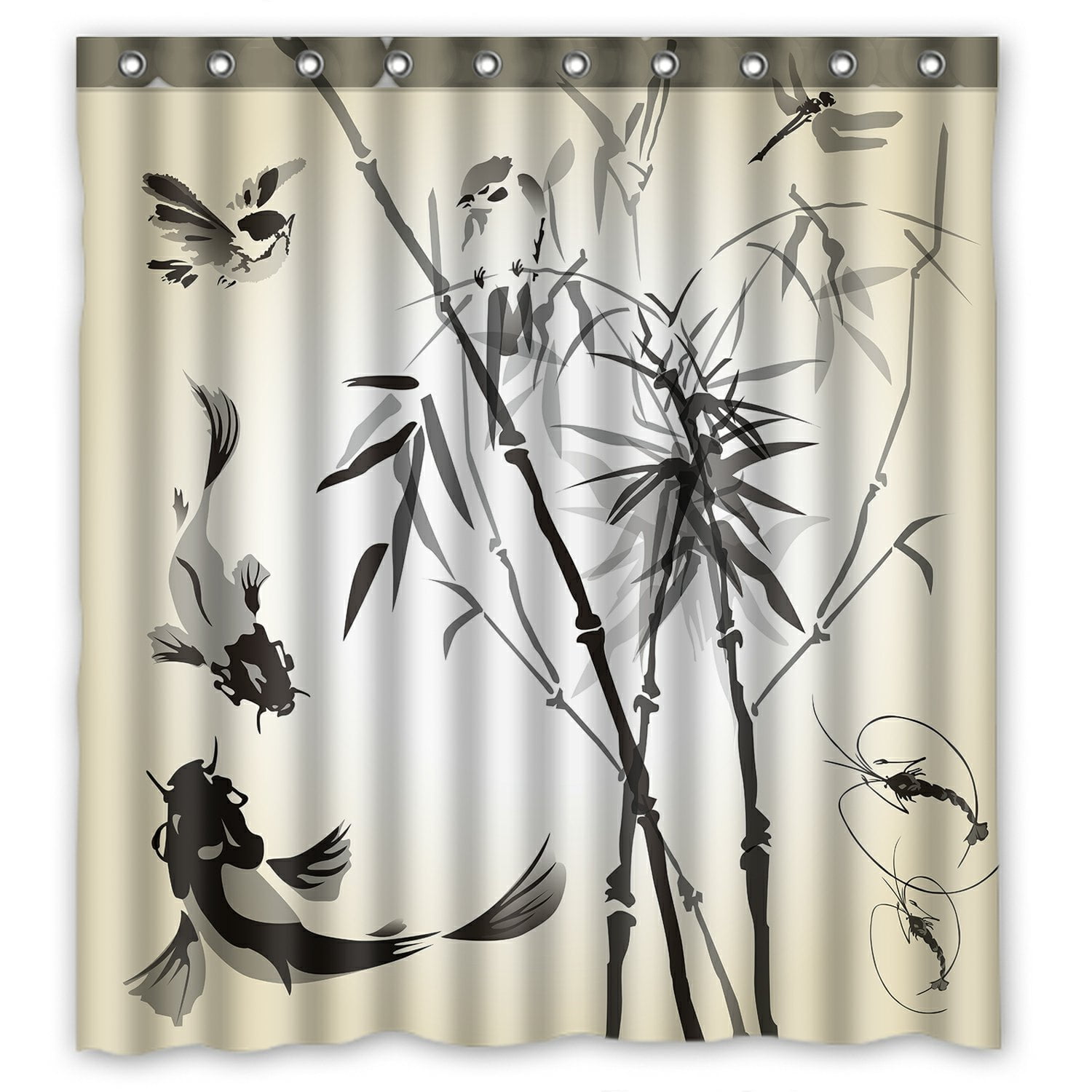 PHFZK Traditional Japanese Shower Curtain, Bamboo in the Bird and Fish