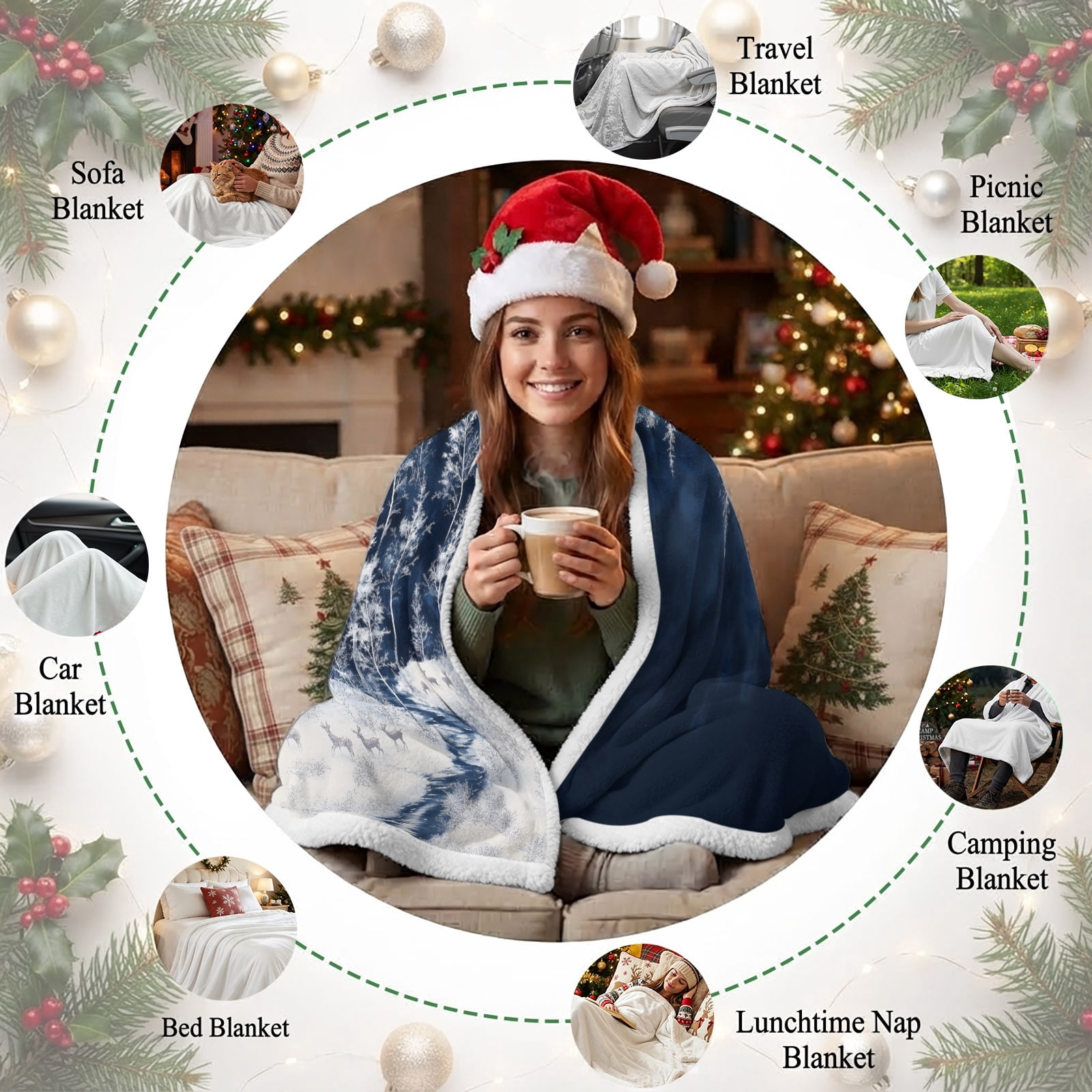 Sherpa Blankets Fleece Throw Blanket Reversible Soft Cozy Bed Blankets Winter Forest Elk Pine Trees,Flannel Sofa Throws,Snowfield Reindeer Trees Fuzzy Warm Blankets for Couch,50x60in