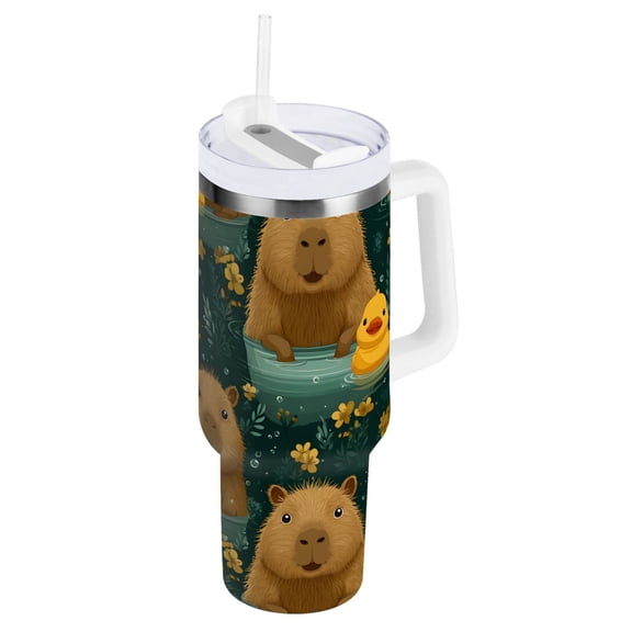 Ryvnso 40 oz Tumbler with Handle and Straw Capybara Cute Ducks Insulated Stainless Steel Travel Mug with Lid