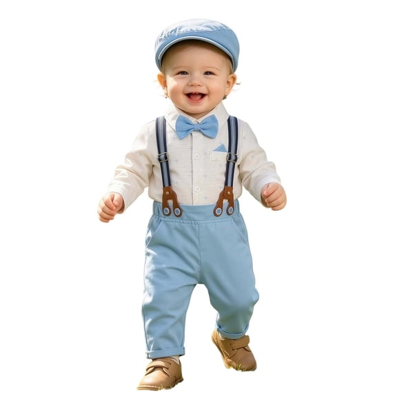THDHVS Boys Suit,Toddler Unisex Solid Single Breasted Long Sleeve Bodysuit Overalls Hat Bow 4 Piece Set,Toddler Boy Outfits Multicolor 18-24 Months