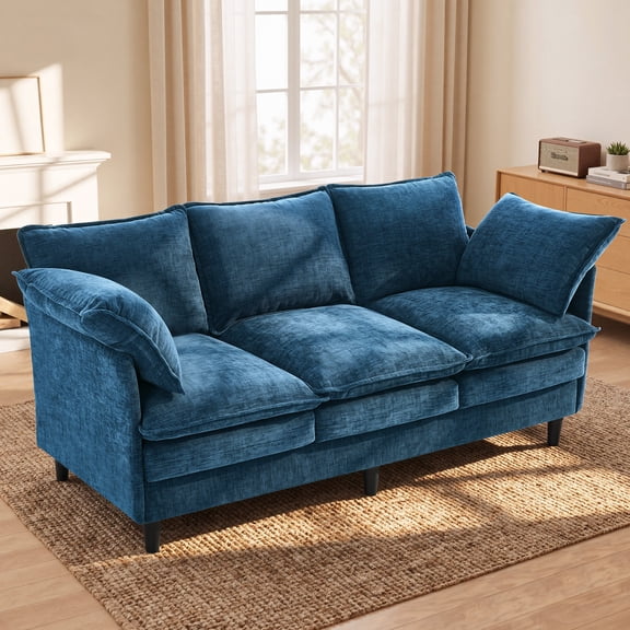 Dioepic 69” Small Sofa, Cloud 3-Seat Love Seat,Blue Chenille Small Couch with Dual-Layer Cushion for Living Room