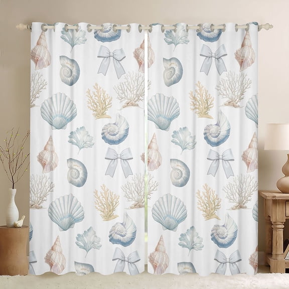 Manfei Kawaii Coquette Bow Kitchen Curtains,Cartoon Sea Seashell Black Out Curtains Pack of 2 (42x63 Each),White