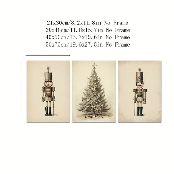 Vintage Nutcracker & Christmas Tree Canvas Art Set of 3, Classic Minimalist Winter Themed Posters, Frameless Indoor Wall Decor for Living Room, Bedroom, Home Office, Kitchen - Portrait Orientation
