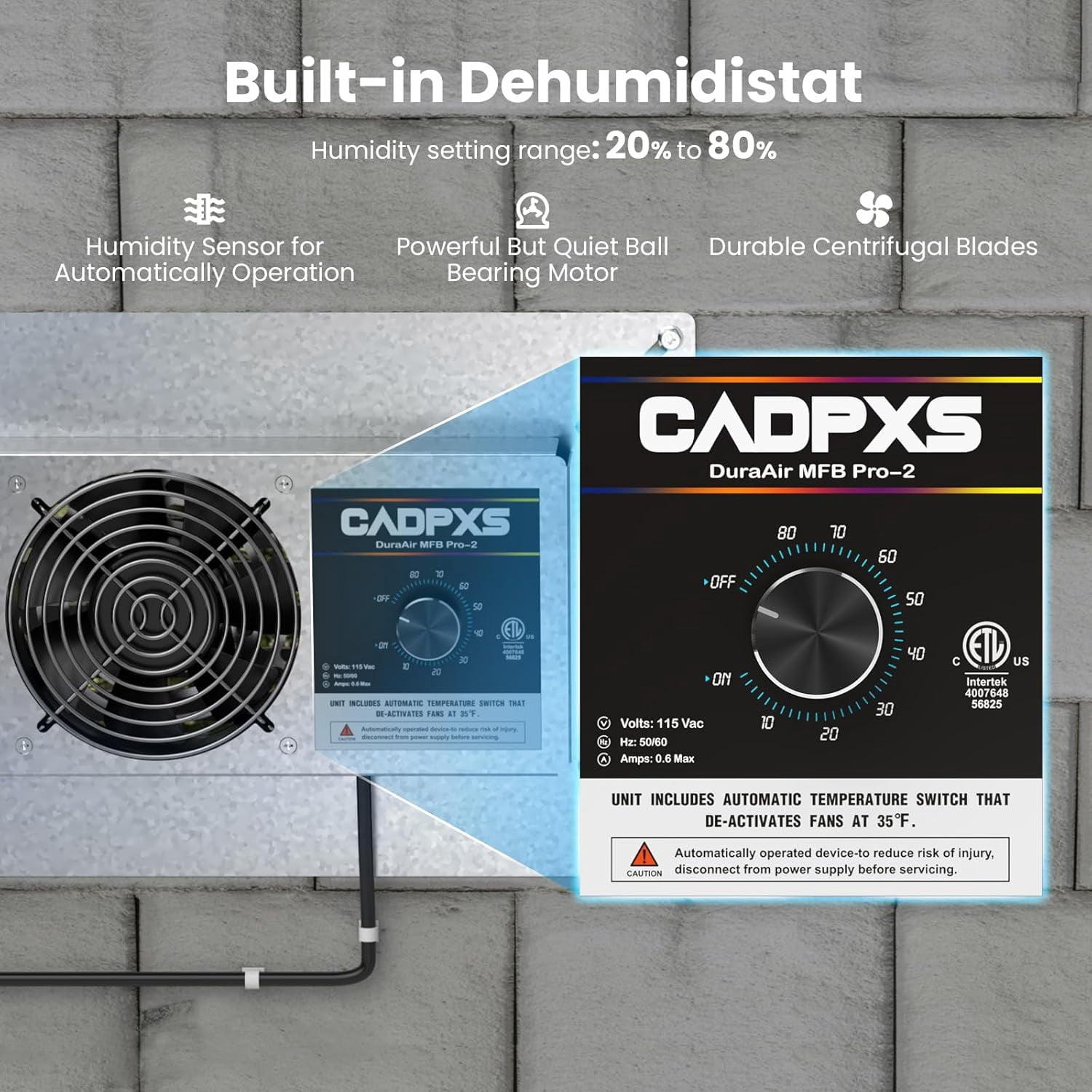 CADPXS Crawlspace Ventilation Fan 220 CFM Air Out, Crawlspace Fan Vent with Humidistat, Dehumidistat & Freeze Protection Thermostat, for Crawl Spaces Basement Garage Attic