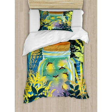 Firefly Duvet Cover Set Twin Size, Surreal Forest Landscape with Magic Bugs in the Glass Jar Ferns Trees Woodland, Decorative 2 Piece Bedding Set with 1 Pillow Sham, Multicolor, by Ambesonne